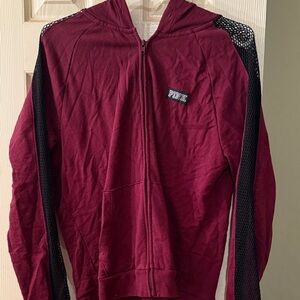 PINK Maroon Zip-Up Hoodie w/ Black Mesh Sleeves